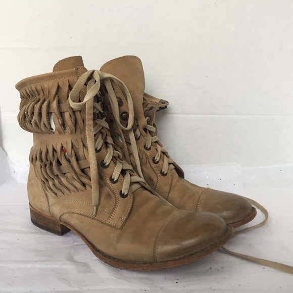 Barney's New York Brown Woven Leather Combat Boot 38.5 Lace up Bohemian Unique